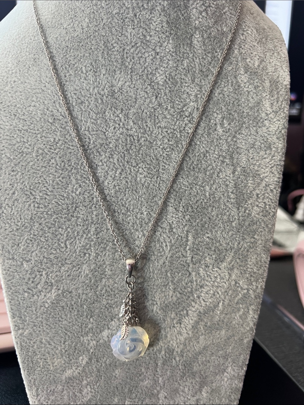 Opalescent White Rose Pendant Necklace in Silver-Tone